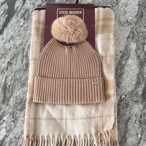 Steve Madden Beige Knit Beanie and Checkered Scarf Set